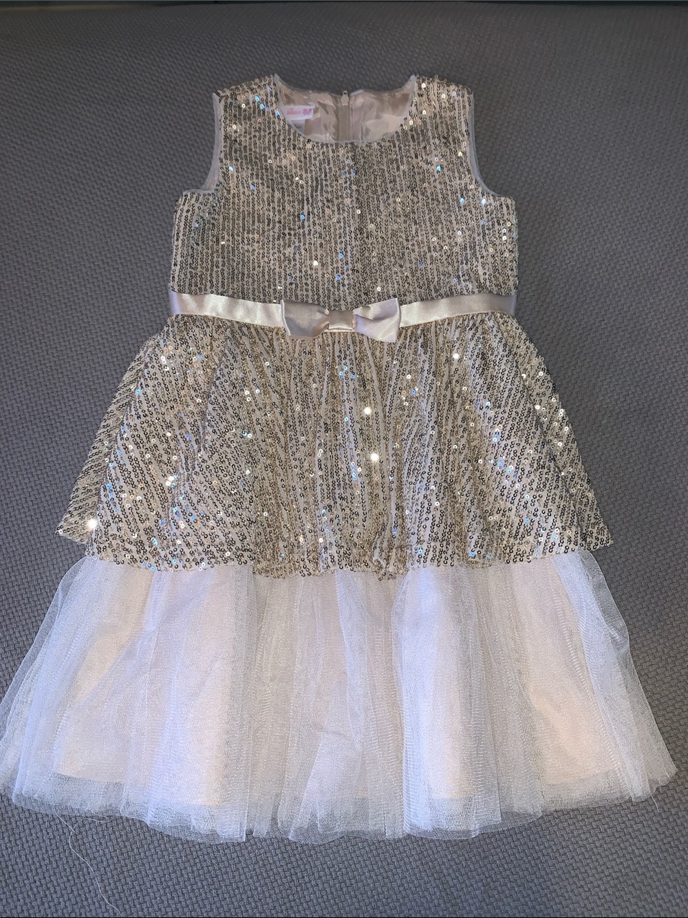 Bonnie Jean Silver Sequin Bodice with White Tulle Skirt Party Dress